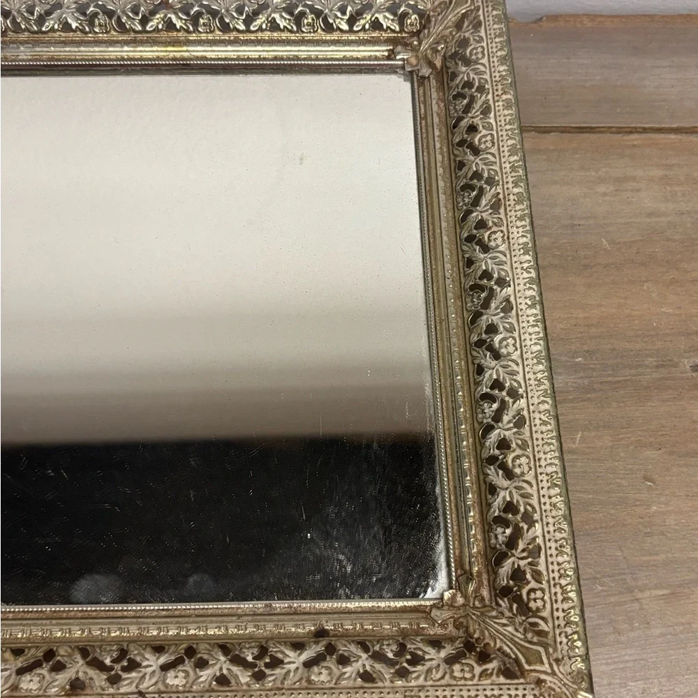 Vintage Glass Vanity Mirror Tray Gold Metal and Glass